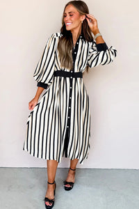 Virginia- Black Stripe 3/4 Puff Sleeve Shirt Style Button Down Midi Dress
