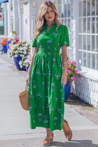 Vickie - Green  Floral Print Split Neck Shirred High Waist Ruffle Hem Maxi Dress