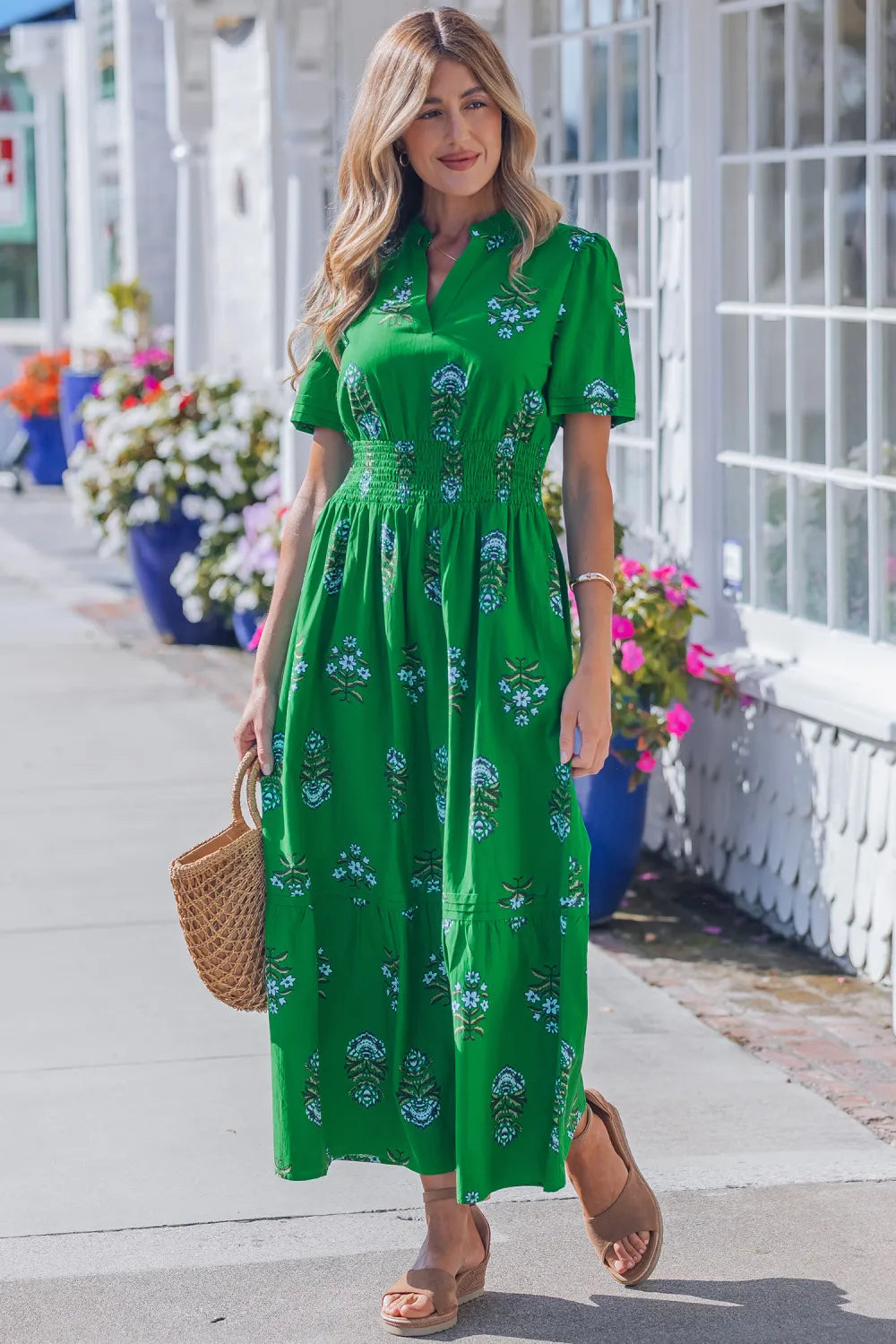 Vickie - Green  Floral Print Split Neck Shirred High Waist Ruffle Hem Maxi Dress