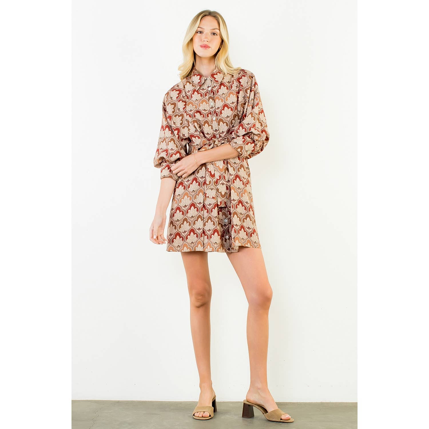 Alina - Long Sleeve Pattern Button Down Dress