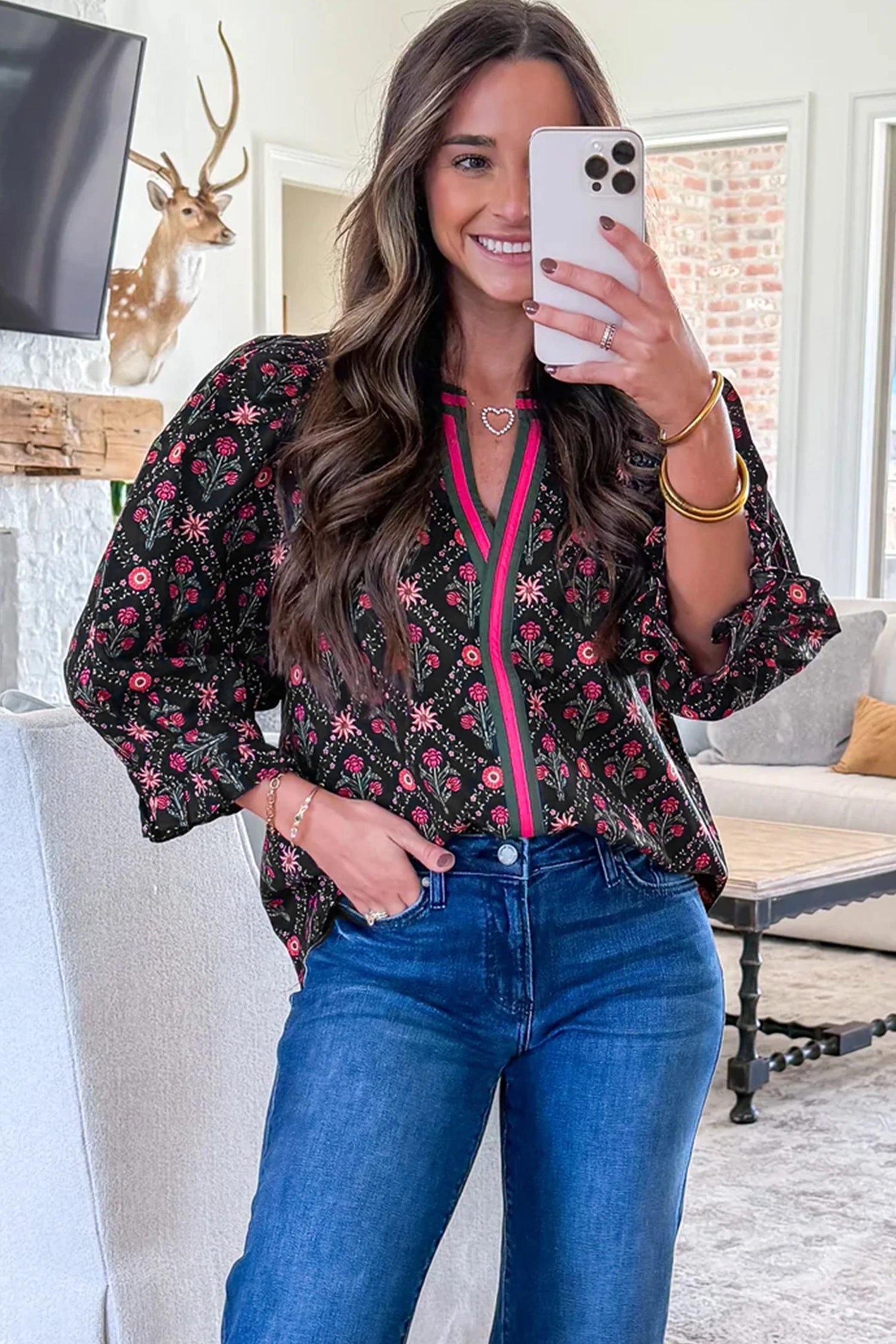 Caroline - Black Vintage Floral Blouse - Contrast V-Neck Bracelet Sleeve Top