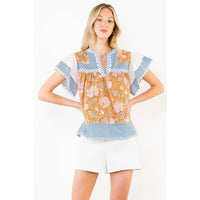 McKenna - Flowy Sleeve Mixed Media V-Neck Top