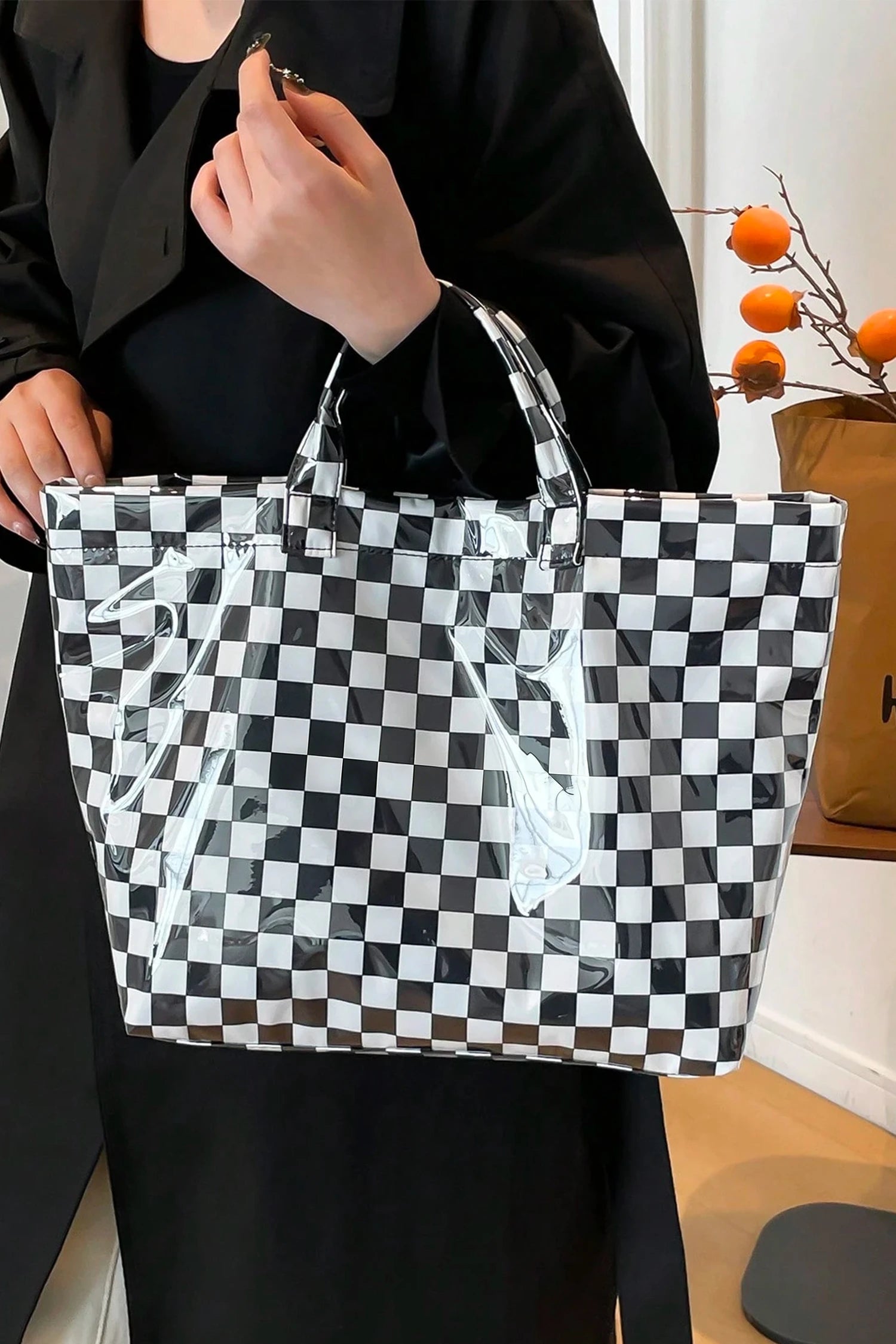 Black Plaid Glossy Waterproof Tote Bag - Large Shoulder Tote for Work, Travel & Everyday