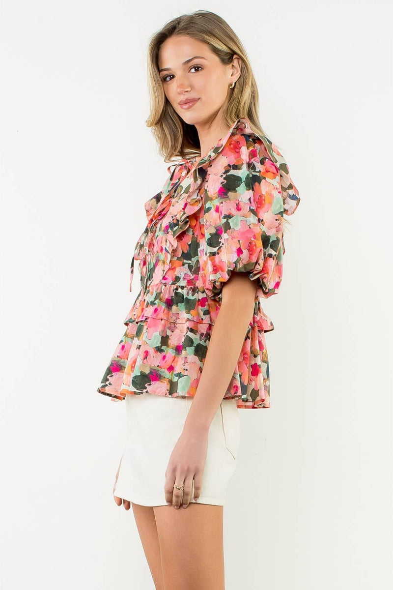 Kinsley- Ruffle Tie Neck Puff Sleeve Floral Top