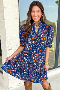 Leonora- Blue Wild Daisy Floral Split Neck Short Puff Sleeve Mini Dress