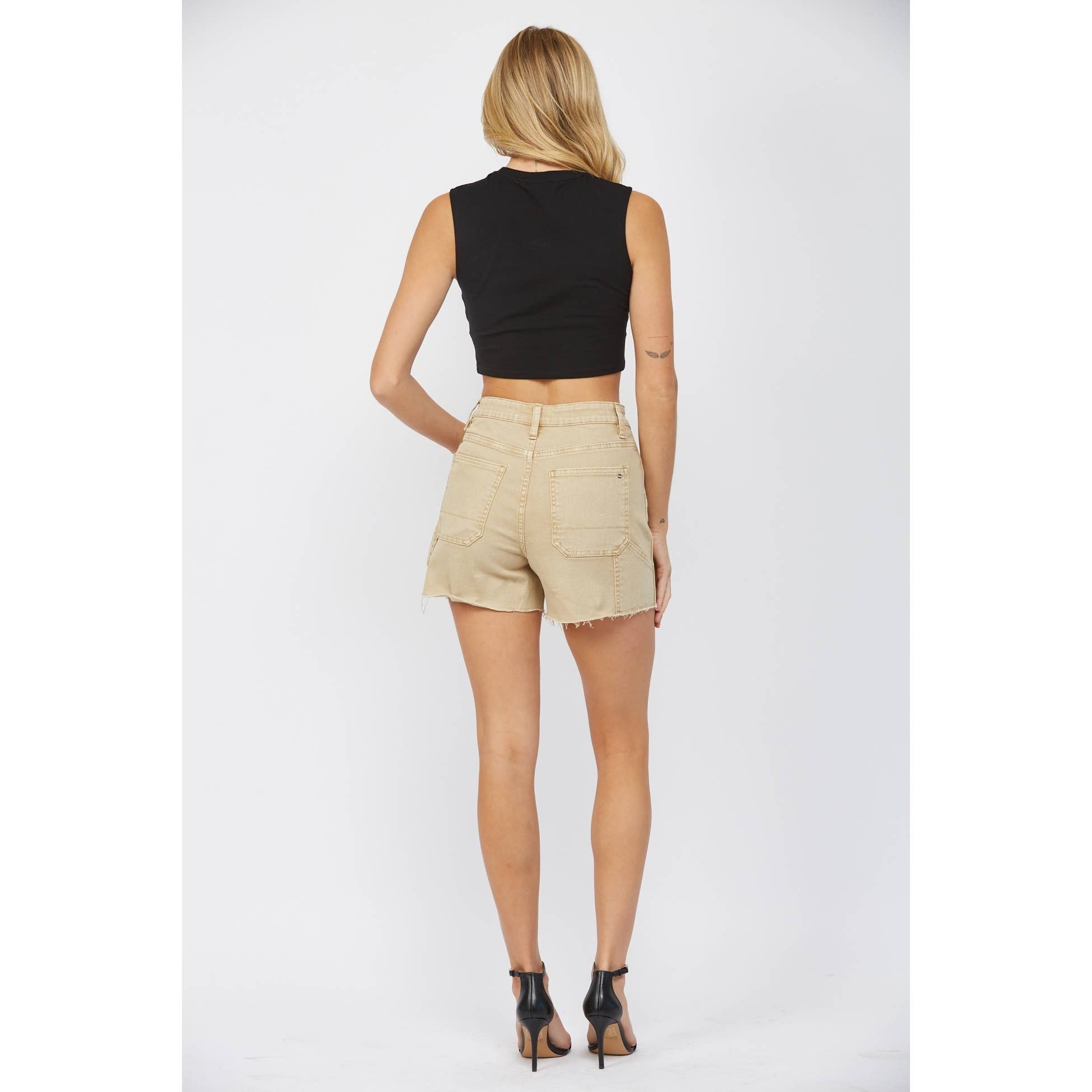 Tan High-Rise Frayed Hem Carpenter Shorts