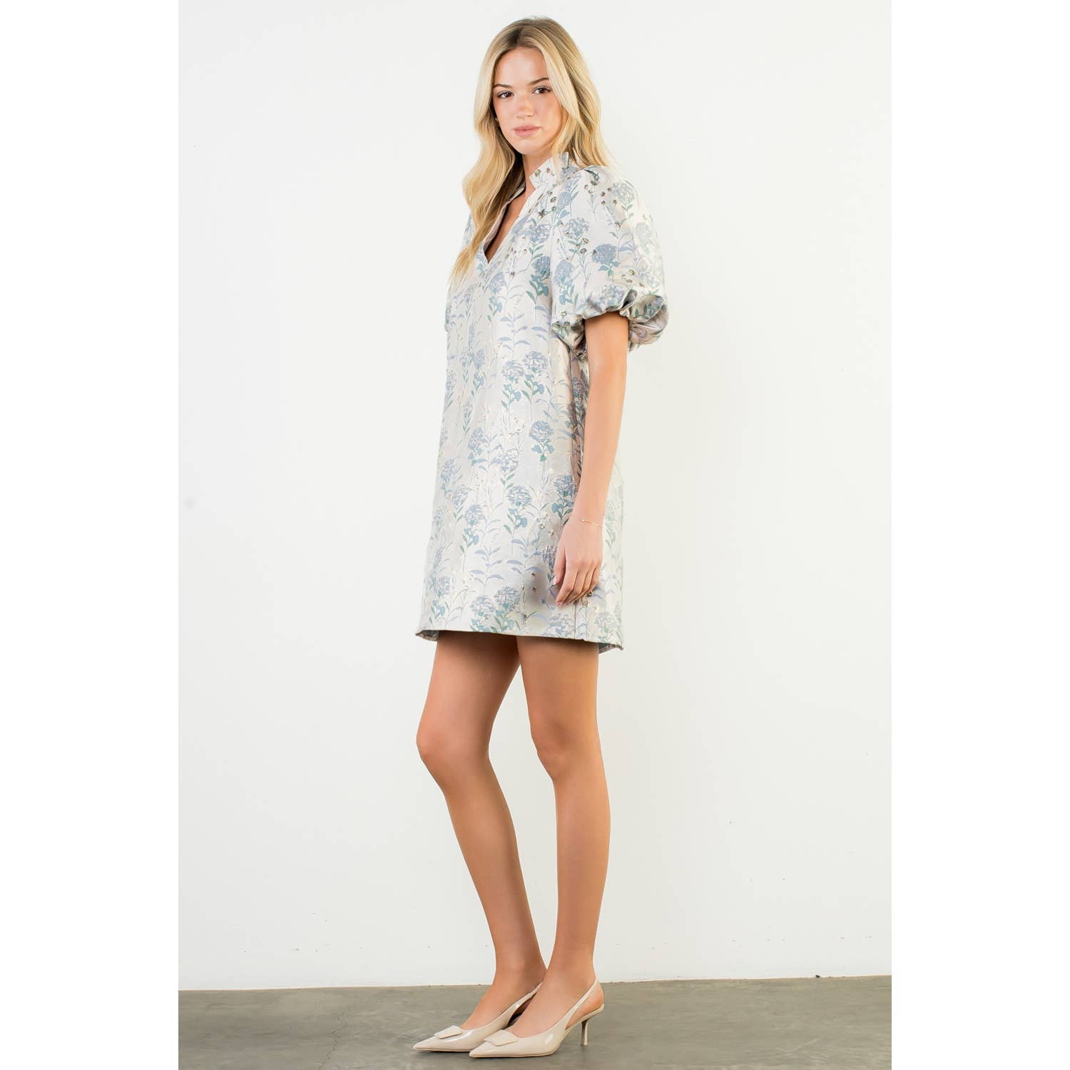 Nina - Puff Sleeve Floral Detail V-Neck Mini Dress