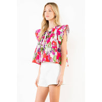 Gia - Floral Print Pintuck Top with Bow Detail - add matching skirt for 1/2 off with code GIA