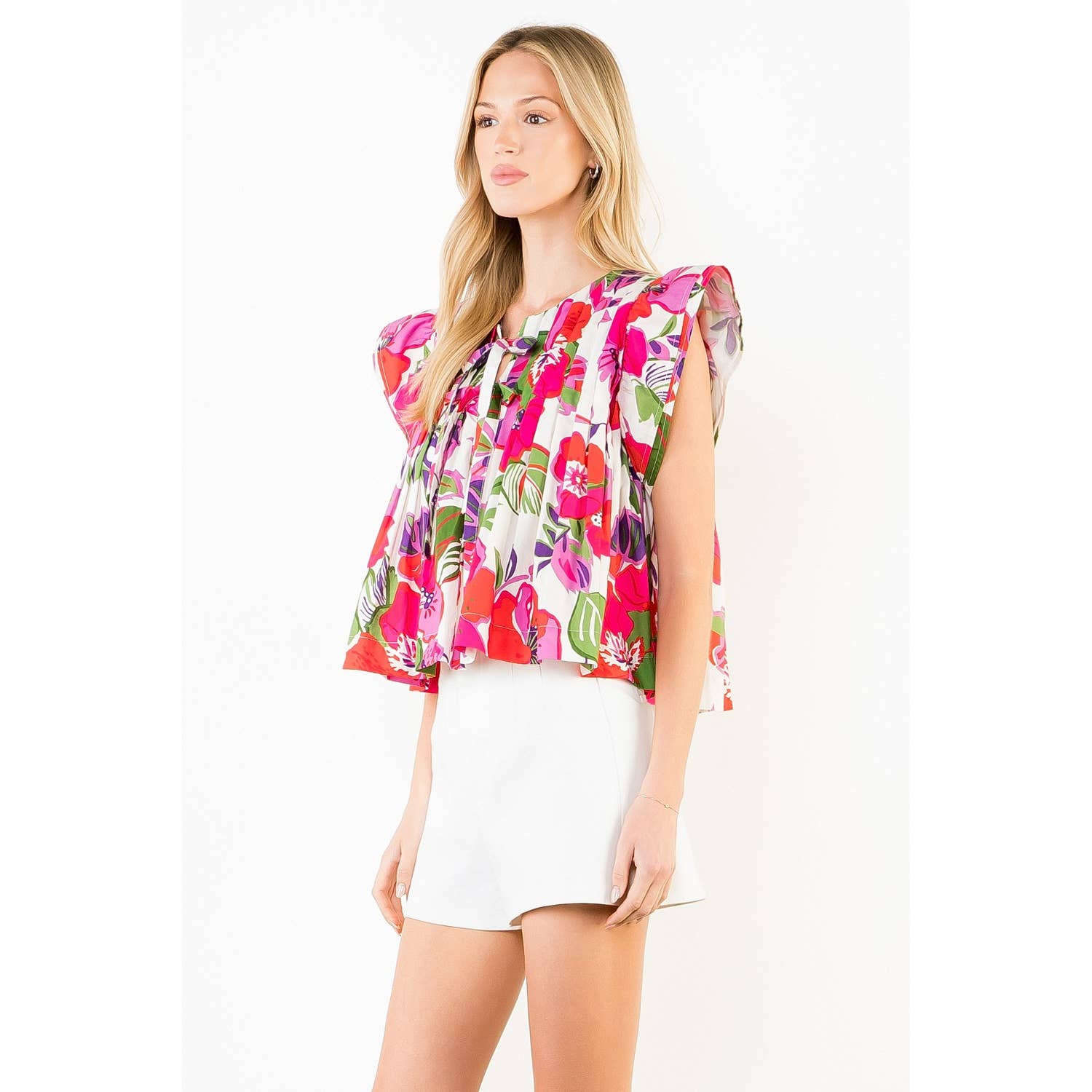 Gia - Floral Print Pintuck Top with Bow Detail - add matching skirt for 1/2 off with code GIA