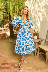 Carolina - Blue and White Floral Midi Dress