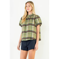 Maddie - Ruffled Neck Plaid Top
