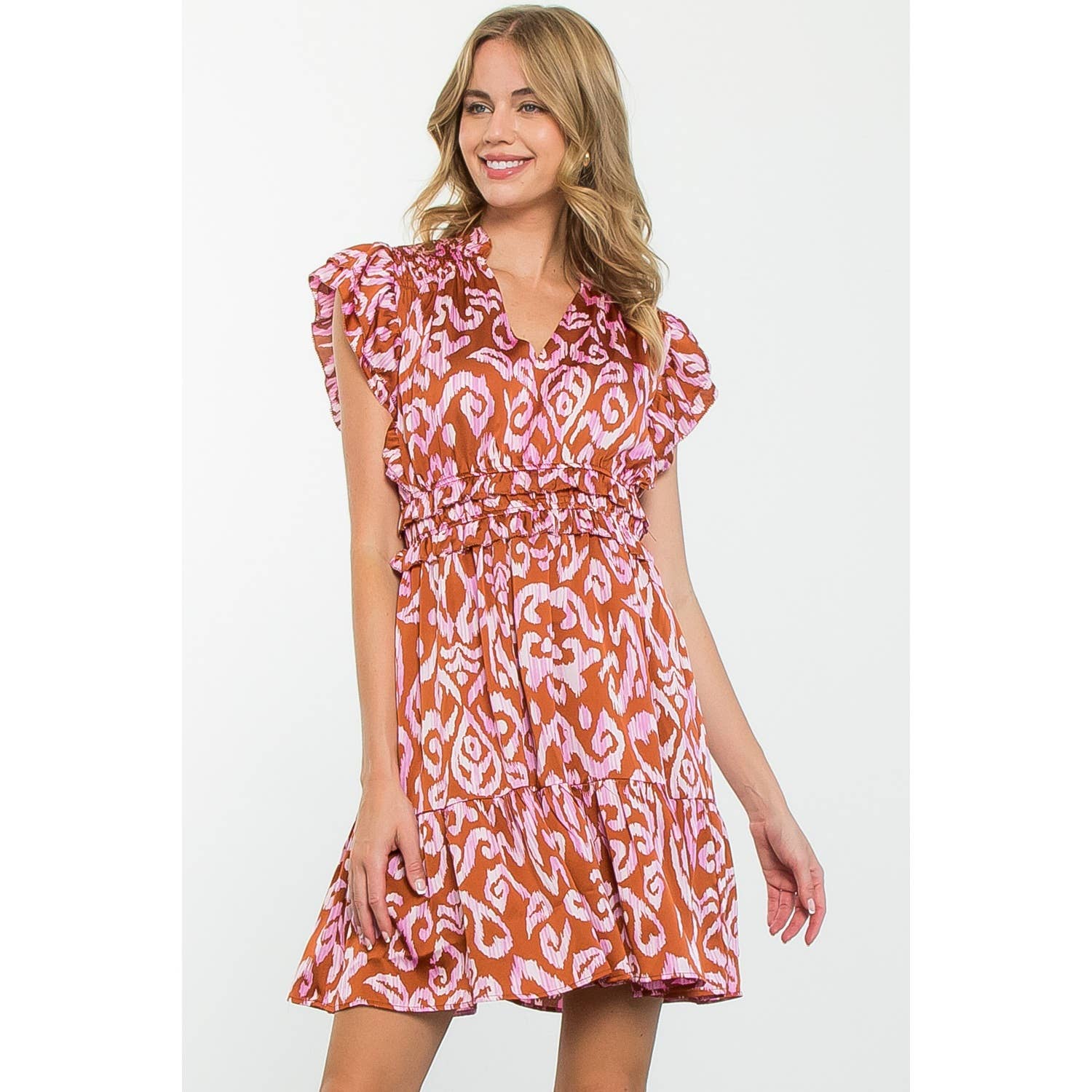 Monica-Flutter Sleeve Tiered Print Mini Dress