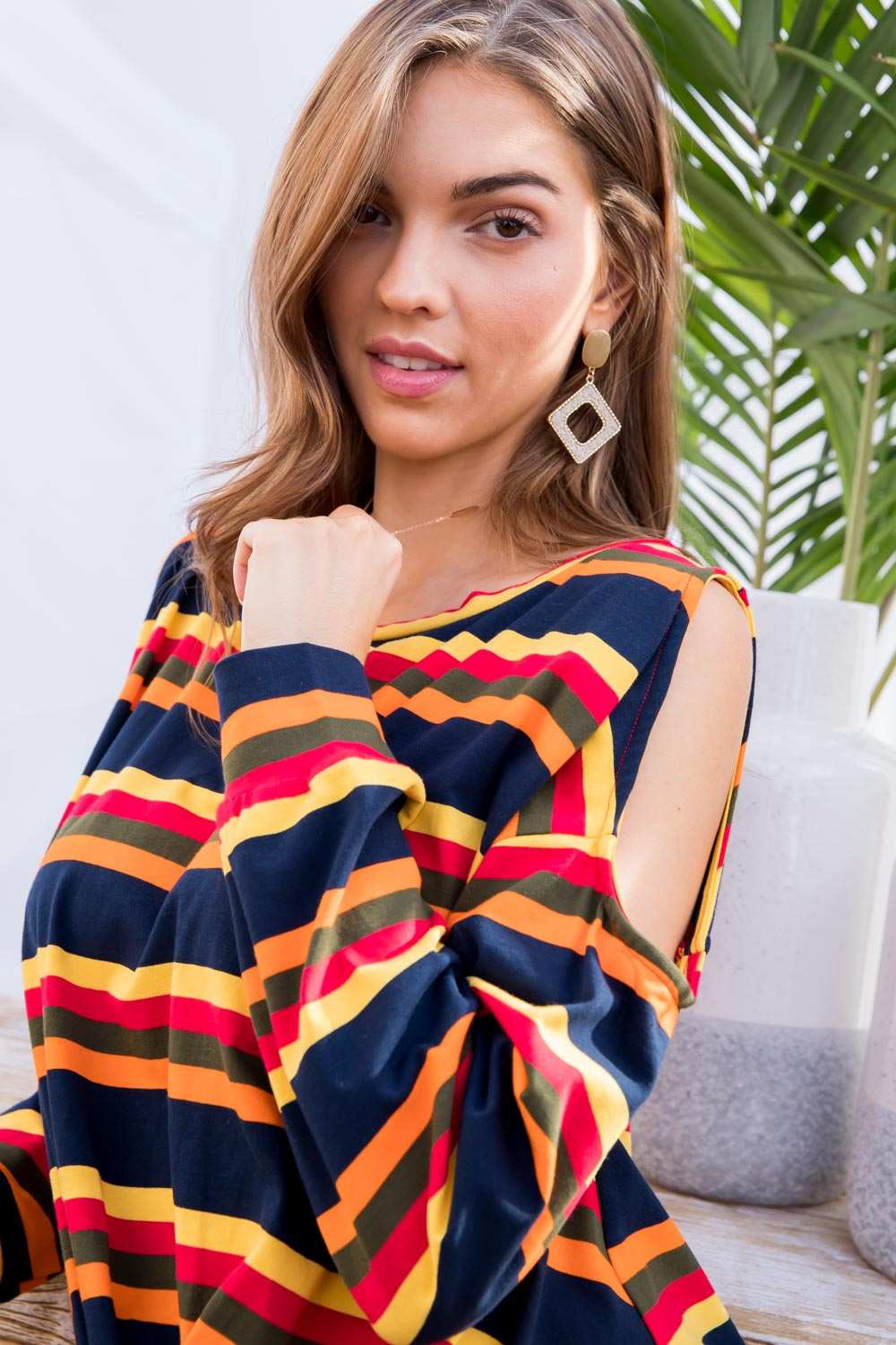 Sally - Multi Print Twist Front Cold Shoulder Knit Top