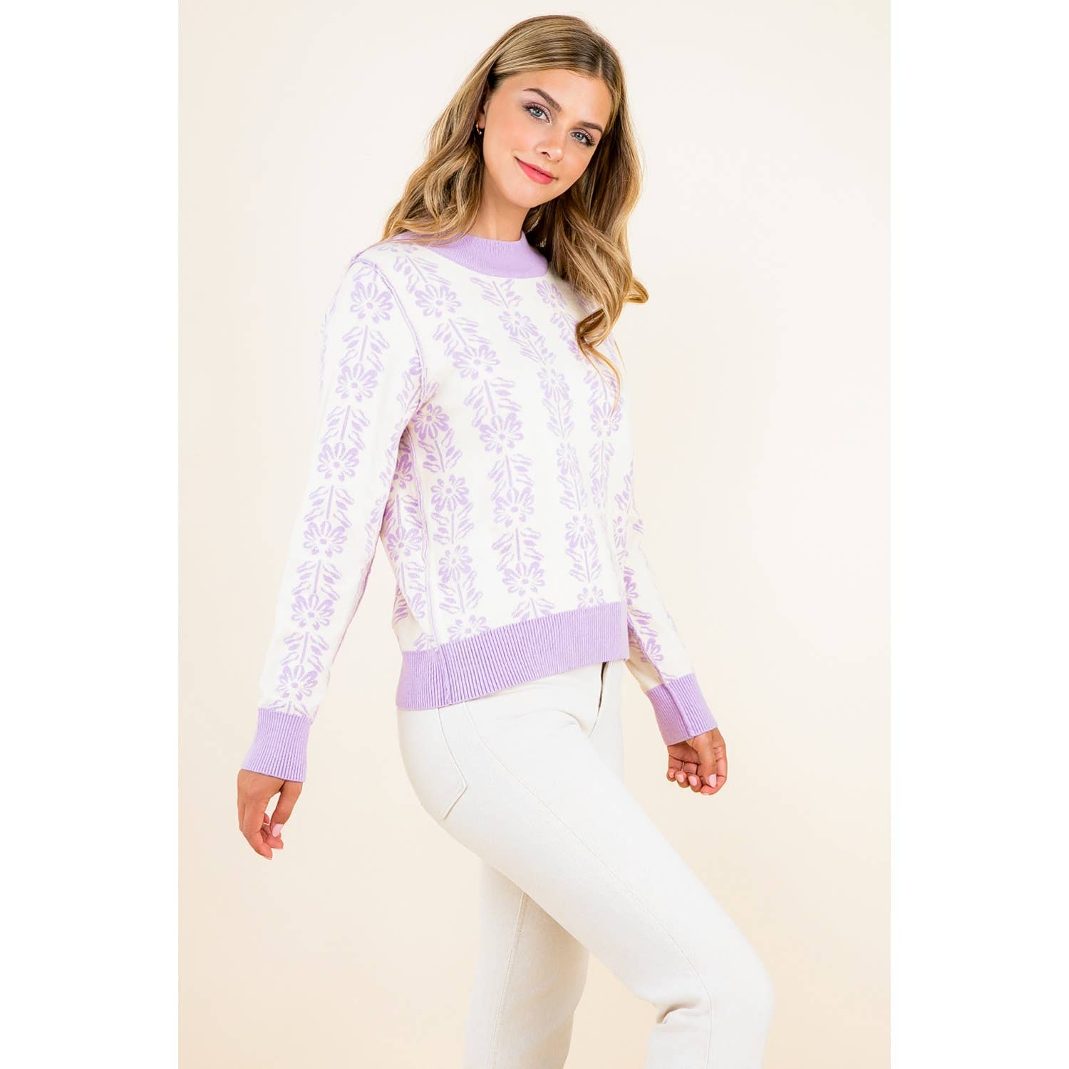 Leyla- Long Sleeve Floral Pattern Knit Pullover Sweater