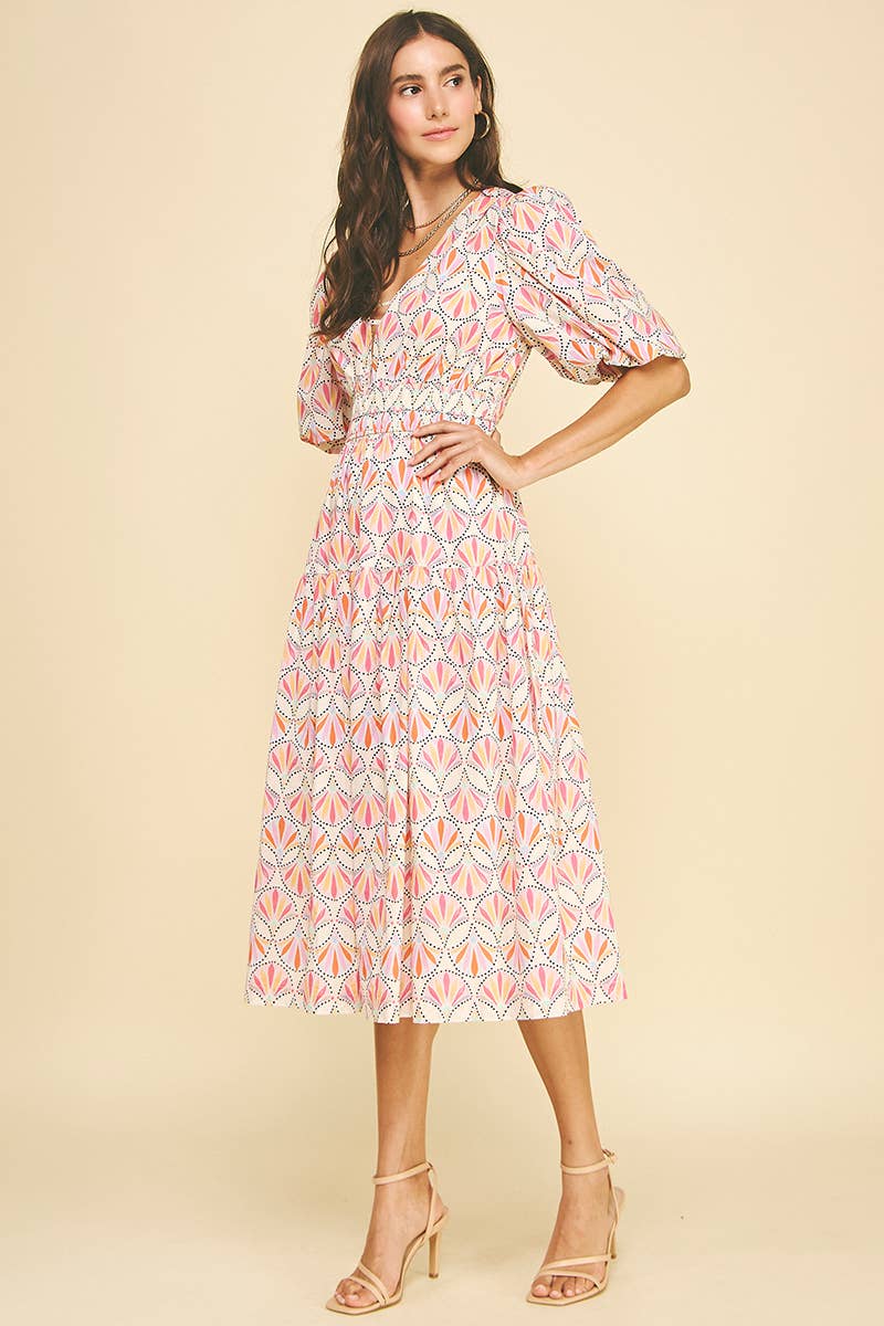 KASLYN- GEOMETRIC PATTERN MIDI DRESS