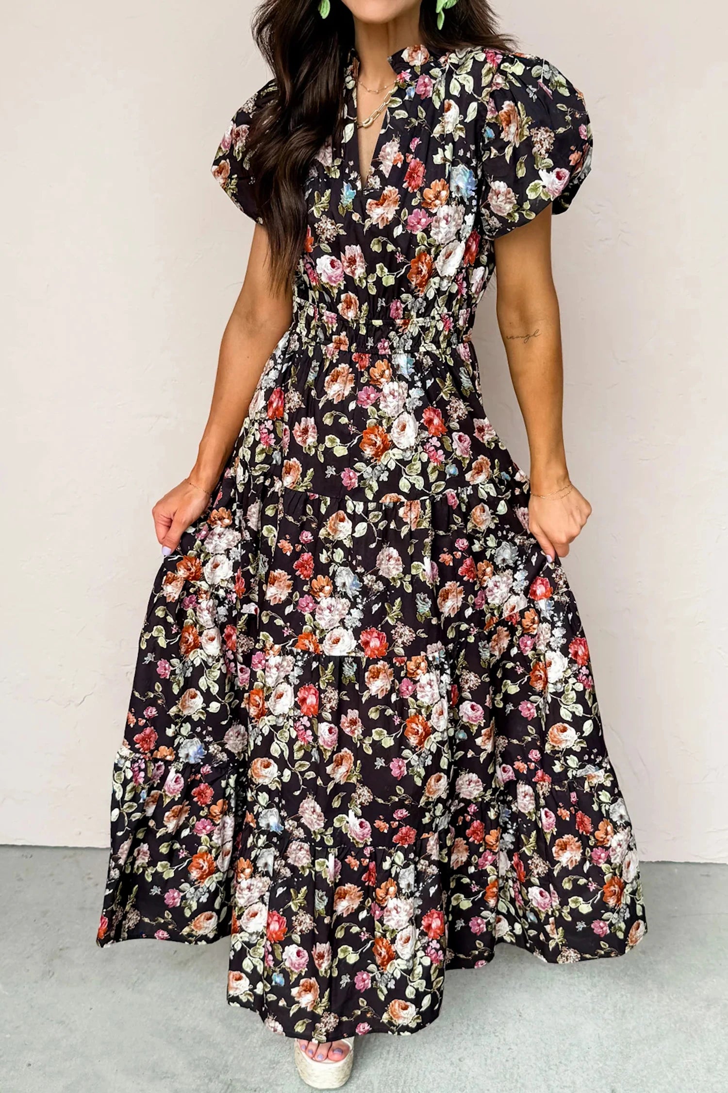 Sally- Black Floral Tiered Maxi Dress