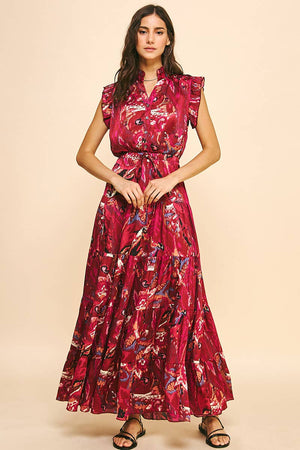 Deep Pink Satin Print Maxi Dress