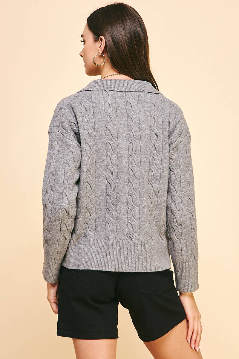 Beatrice- CABLE KNIT COLLARED SWEATER TOP - HEATHER GREY