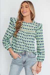 FREYA - Green Floral Round Neck Lace Ruffle Puff Sleeve Blouse
