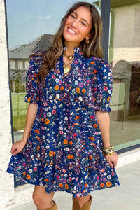 Leonora- Blue Wild Daisy Floral Split Neck Short Puff Sleeve Mini Dress