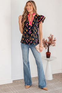 Audrey- Black Floral Ruffle Blouse