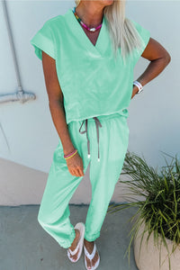 Lisa - V-Neck Tee & Drawstring Pants 2-Piece Loungewear Matching Set
