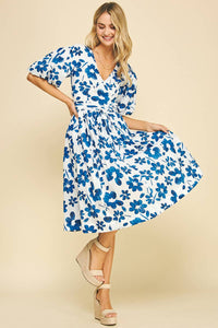 Carolina - Blue and White Floral Midi Dress