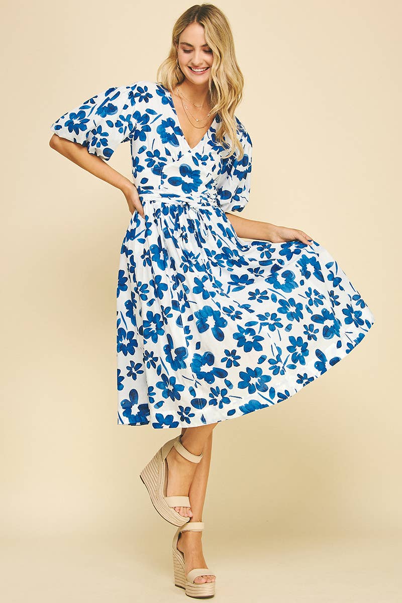 Carolina - Blue and White Floral Midi Dress