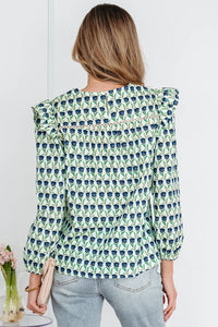 FREYA - Green Floral Round Neck Lace Ruffle Puff Sleeve Blouse