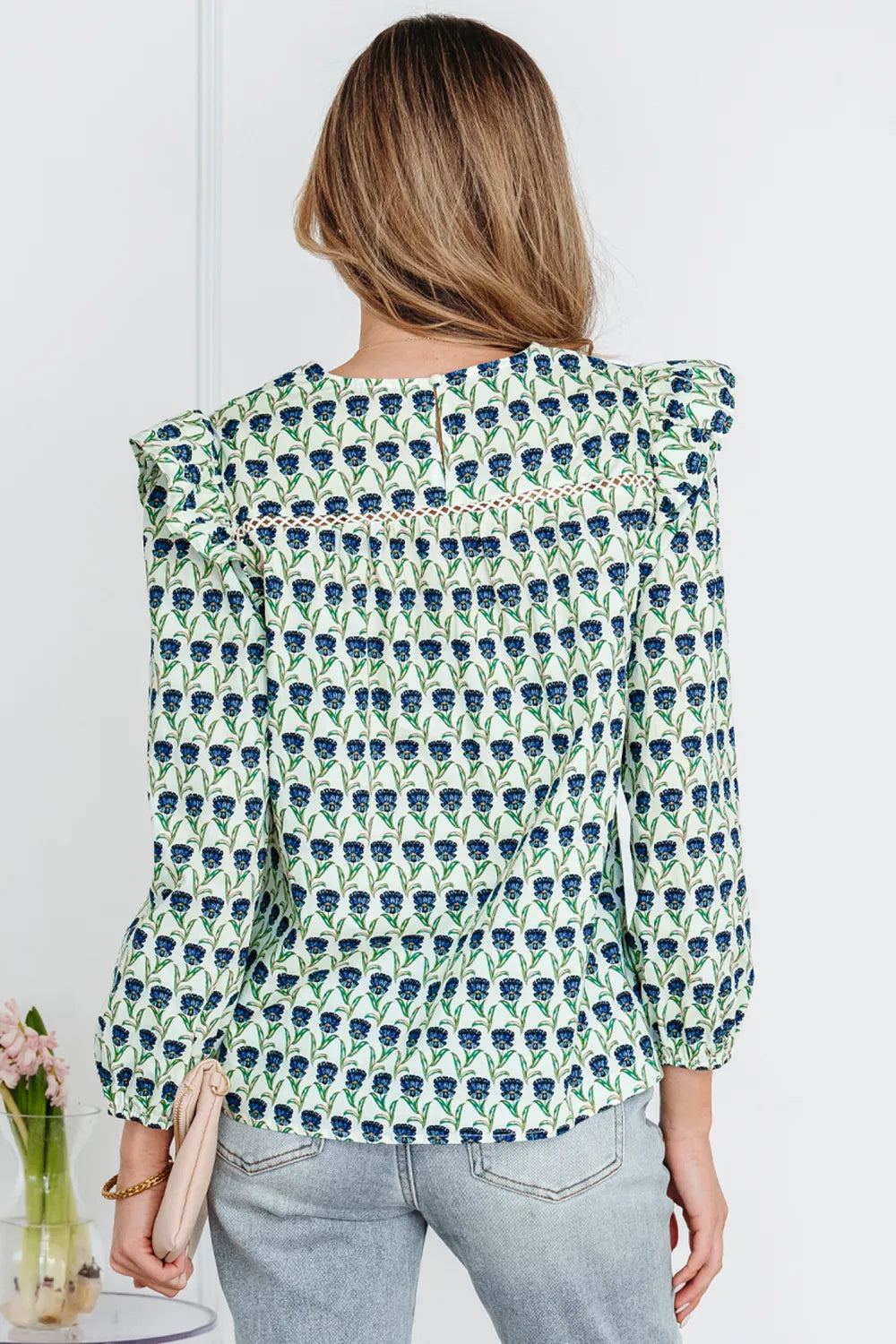 FREYA - Green Floral Round Neck Lace Ruffle Puff Sleeve Blouse