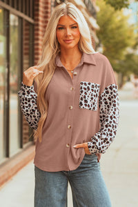 MARCIE - Leopard Patchwork Western Shacket – Dark Khaki Twisted Ribbed Shirt, Casual Women's Outerwear