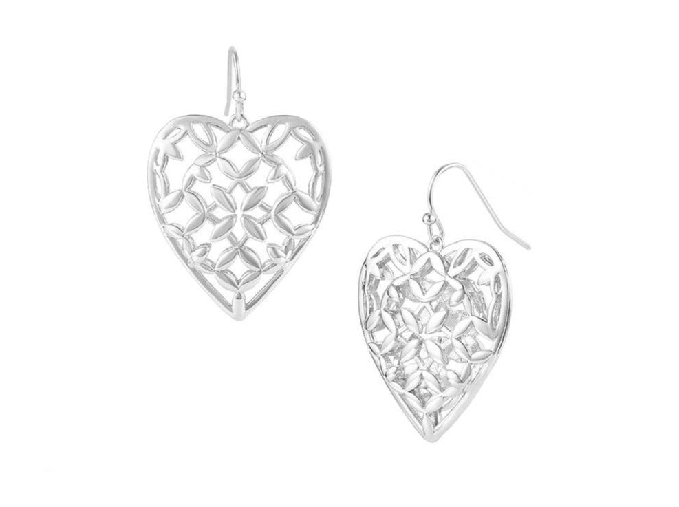 Adorned Heart Drop Earrings in Silver