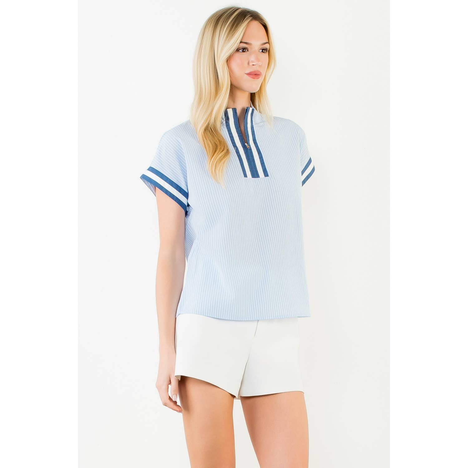 Ally-Short Sleeve Striped Half Zipper Top