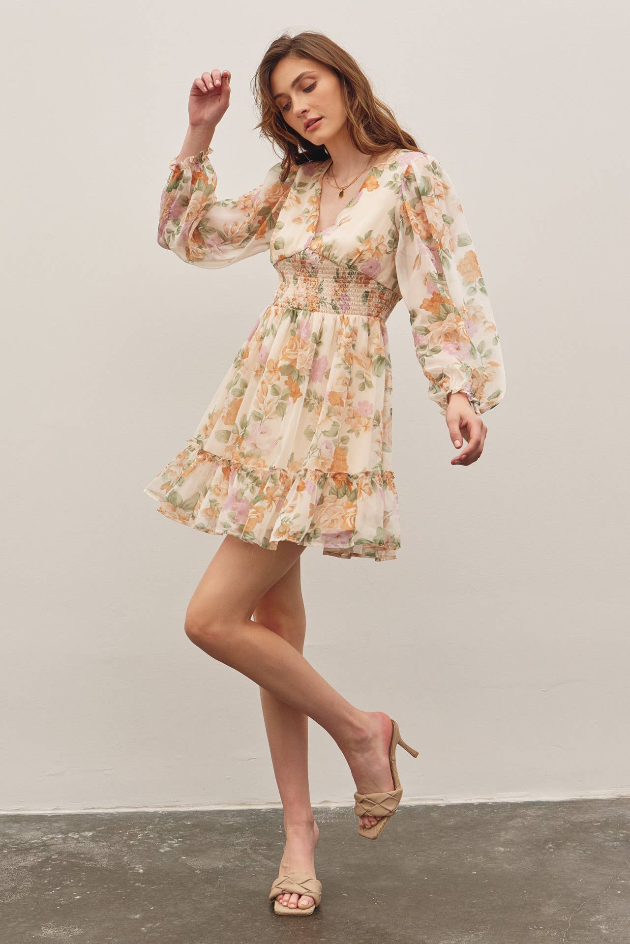 LAYLA-FRENCH FLORAL V-NECK SMOCKED MINI DRESS LAYLA-FRENCH FLORAL V-NECK SMOCKED MINI DRESS