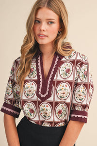 EMILY- EXCLUSIVE PRINT CONTRAST BINDING SCALLOP TRIM TOP