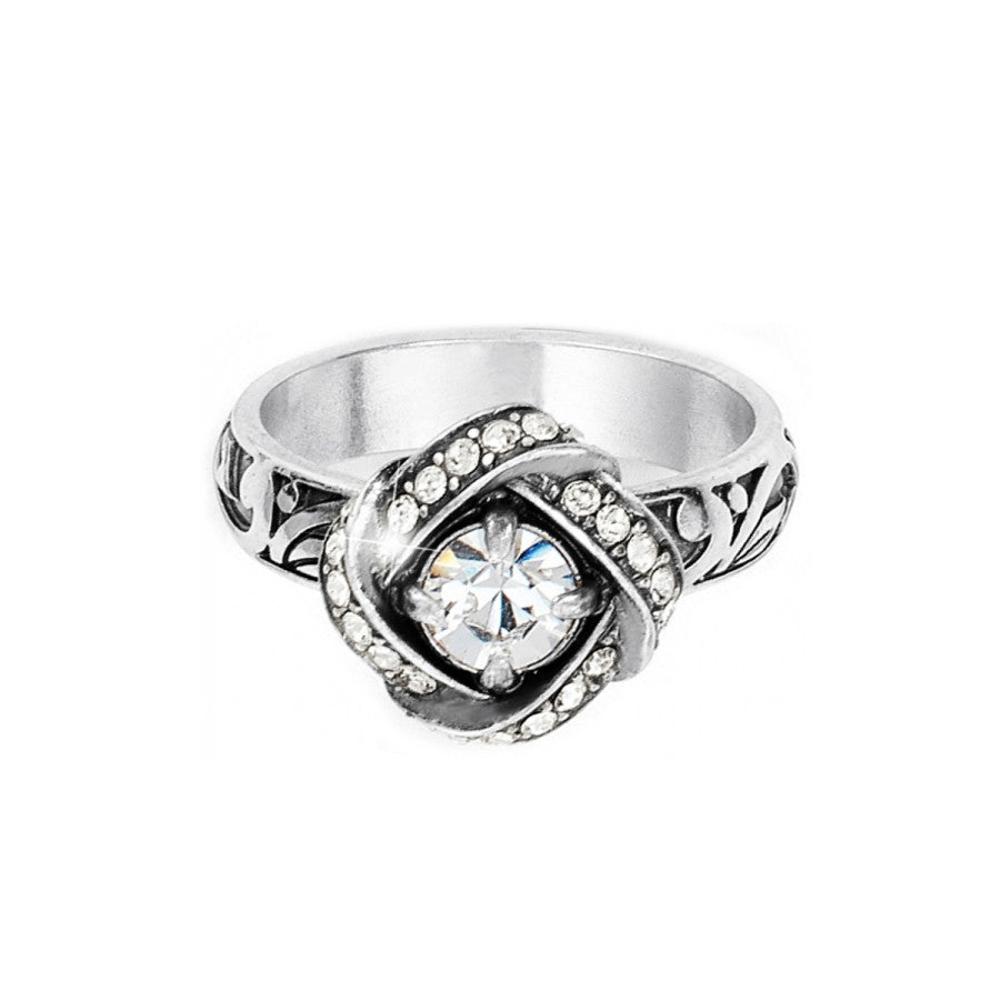 Brighton silver-plated ring with central crystal solitaire, knotted crystal-pave surround, and scrollwork band