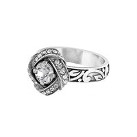 Brighton ring with central crystal, silver-plated swirl setting, and scroll-patterned band