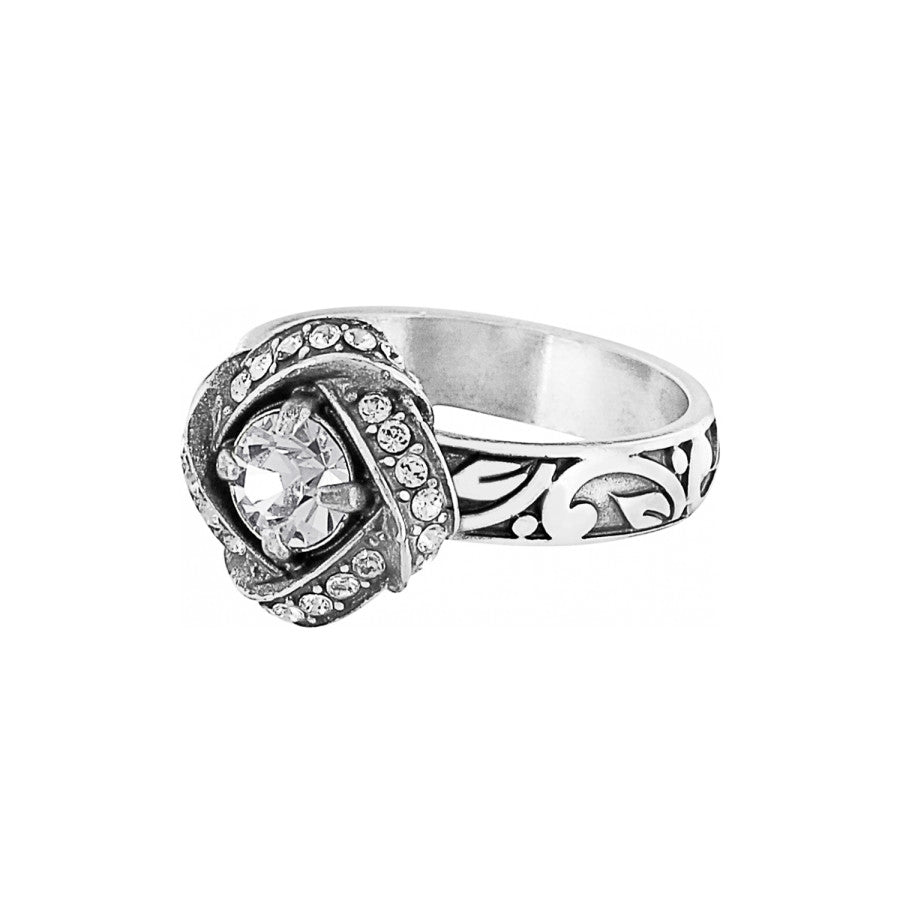 Brighton ring with central crystal, silver-plated swirl setting, and scroll-patterned band