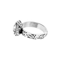 Brighton silver-plated ring with crystal-encrusted center setting and ornate scrollwork band