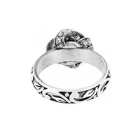 Brighton ring shown from the back with silver-plated scroll openwork band and crystal-accented top