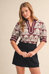 EMILY- EXCLUSIVE PRINT CONTRAST BINDING SCALLOP TRIM TOP