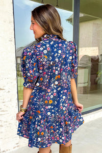 Leonora- Blue Wild Daisy Floral Split Neck Short Puff Sleeve Mini Dress