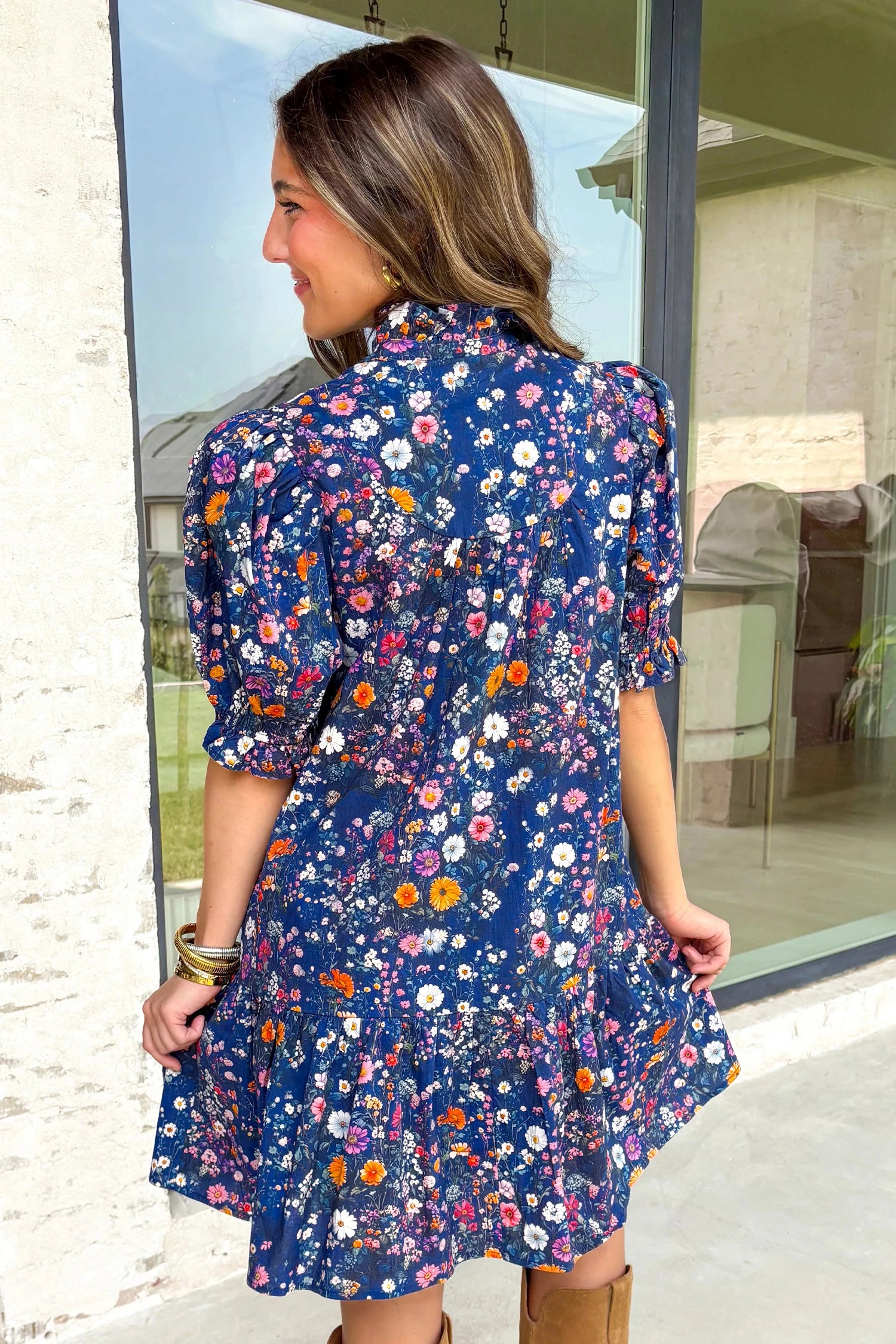 Leonora- Blue Wild Daisy Floral Split Neck Short Puff Sleeve Mini Dress