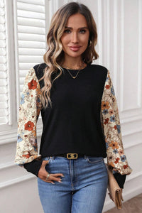 Vanessa - Apricot Floral Patchwork Top - Puff Sleeve Mixed Print Blouse