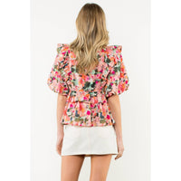 Kinsley- Ruffle Tie Neck Puff Sleeve Floral Top