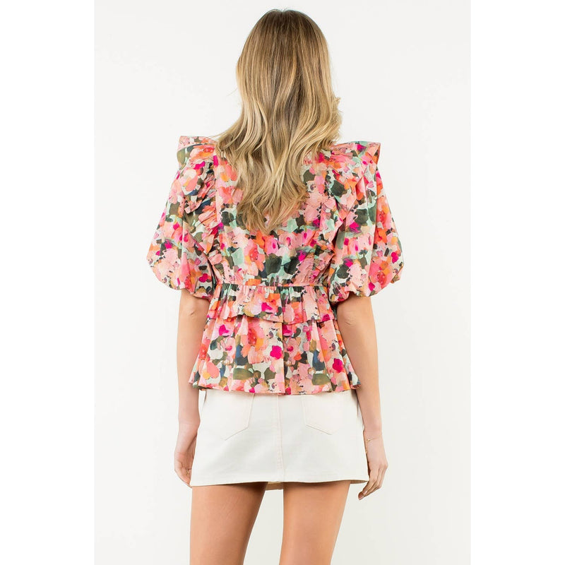 Kinsley- Ruffle Tie Neck Puff Sleeve Floral Top