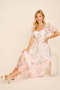 Cassy Floral print colorblock midi dress with puff short sleeves