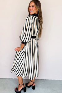 Virginia- Black Stripe 3/4 Puff Sleeve Shirt Style Button Down Midi Dress