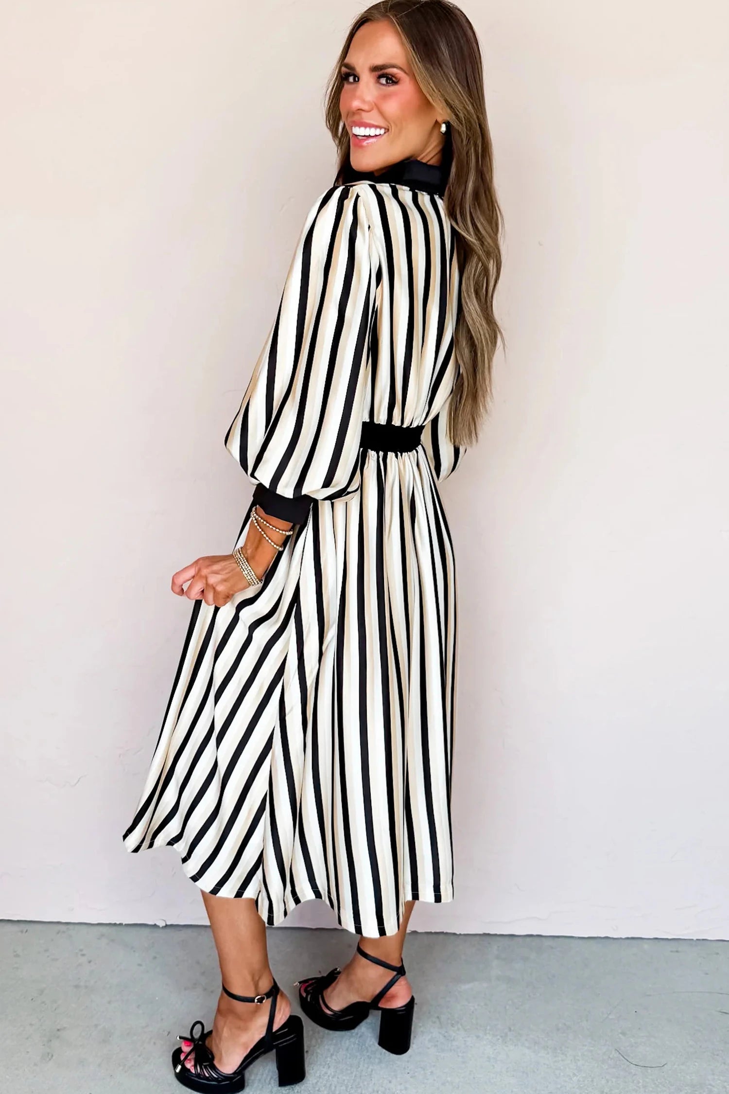 Virginia- Black Stripe 3/4 Puff Sleeve Shirt Style Button Down Midi Dress