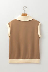 Kelsey - Taupe Half Zip Top – Collared Colorblock Short Sleeve Top, Women's Sporty Casual Quarter Zip